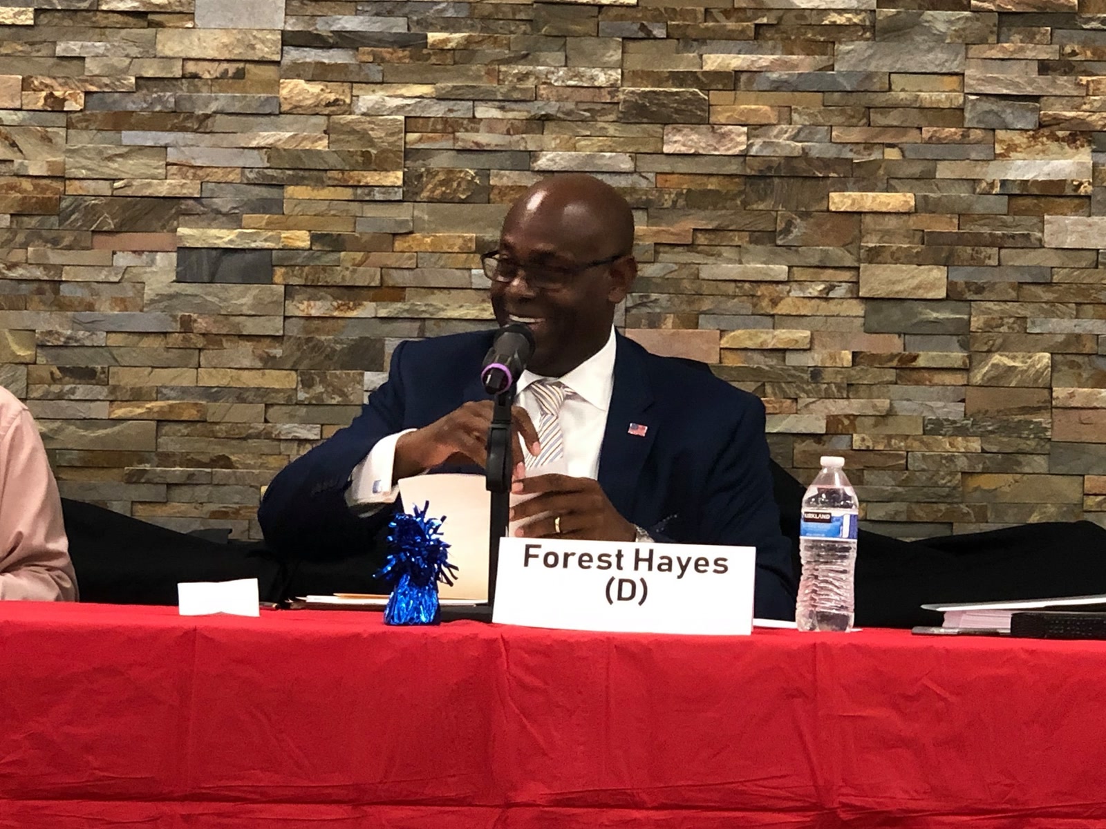 Forest Hayes at the Catoctin Supervisor debate, name card reading Forest Hayes (D)