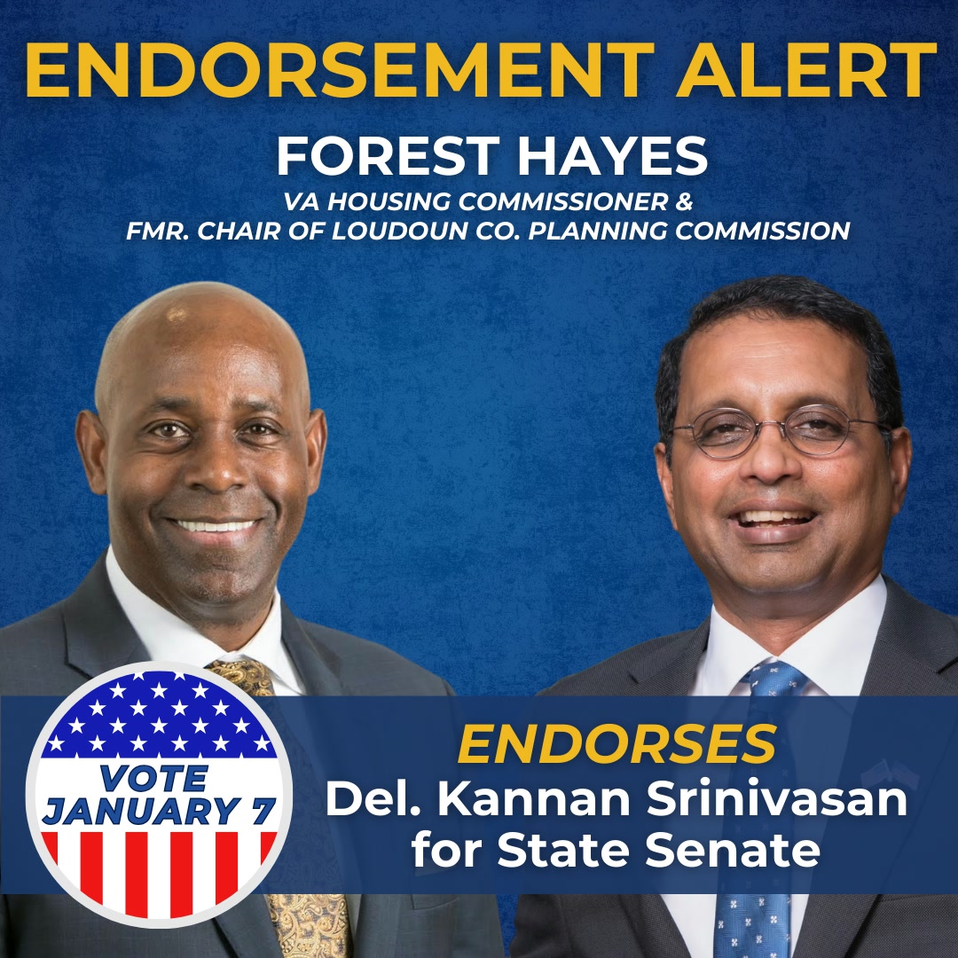 Endorsement graphic: Forest Hayes endorses Del. Kannan Srinivasan for State Senate